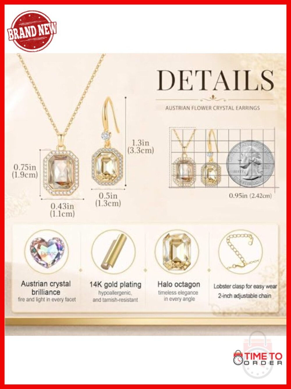 14K Gold-Plated Octagon Austrian Crystal Necklace and Earrings Set with CZ Halo - Picture 5 of 6